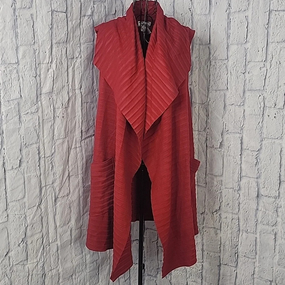 LE MODE Red Velour Sleeveless Long Cardigan XL/XXL